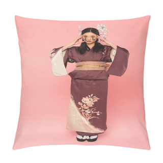 Personality  Fell Length Of Asian Woman With Hieroglyphs On Face Looking At Camera On Pink Background Pillow Covers