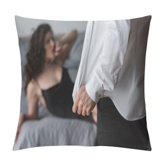 Personality  Man Taking Off White Shirt Near Blurred Woman On Bed Pillow Covers