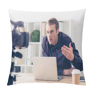 Personality  Aggressive Male Video Blogger Recording Vlog And Gesturing In Office Pillow Covers