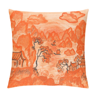 Personality  Chinese Landscape In Orange, Painting Pillow Covers