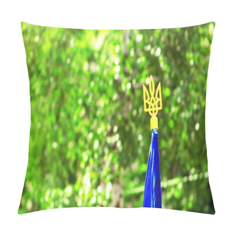 Personality  Trident (national Ukrainian Coat Of Arms) On The Top Of The Ukrainian Flag Over Green Spring Foliage Pillow Covers