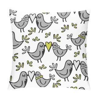 Personality  Green Gray Lovely Abstract Seamless Pattern With Kissing Birds On White Background Pillow Covers