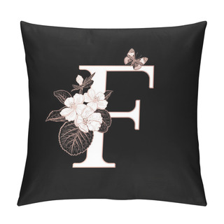 Personality  Letter F, Flowers Flowering Sakura Branches And Butterfly Isolated. Vector Decoration. Black, White And Gold. Vintage Illustration. Floral Pattern For Greetings, Wedding Invitations, Text Design. Pillow Covers