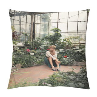 Personality  Young And Trendy African American Woman In Summer Outfit Sitting Near Plants With Blooming Flowers At Background In Indoor Garden, Fashion-forward Lady In Midst Of Tropical Greenery Pillow Covers