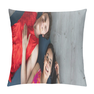 Personality  Top View Of Young Couple In Sportswear Lying On Fitness Mats And Looking At Camera At Home, Banner Pillow Covers