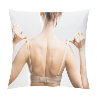 Personality  Woman Holding A Skin Colored Bra Strap Pillow Covers