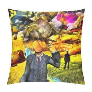 Personality  Complex Surreal Painting. Faceless Man In Suit Holds Mask In His Hand. Another Man In Suit And Bawler Hat Stands In Green Field, Lightbulbs Around His Head Synbolizes Ideas. Overlapping Dimensional Layers. Eye Of God In The Space. Pillow Covers