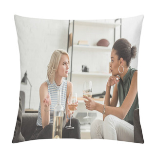 Personality  Multiethnic Young Women Sitting And Talking With Glasses Of White Wine  Pillow Covers