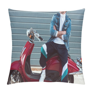 Personality  Cropped Shot Of Man In Stylish Old School Clothes On Vintage Red Scooter Pillow Covers