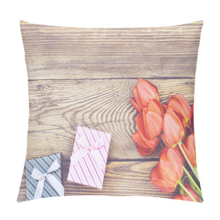 Personality  Tulips On Wooden Table With Little Gift Boxes Pillow Covers