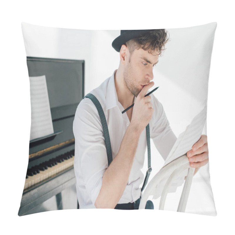 Personality  Selective Focus Of Thoughtful Musician Holding Music Book Sheets  Pillow Covers