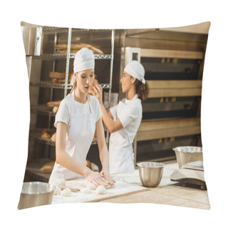 Personality  Young Attractive Female Bakers Working Together At Baking Manufacture Pillow Covers