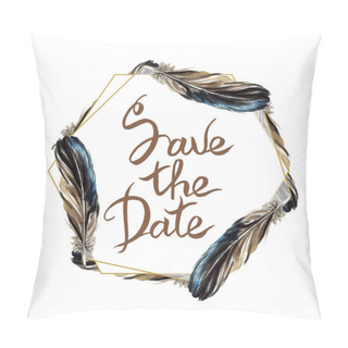 Personality  Black Feathers Isolated Watercolor Illustration. Frame Border With Save The Date Lettering. Pillow Covers