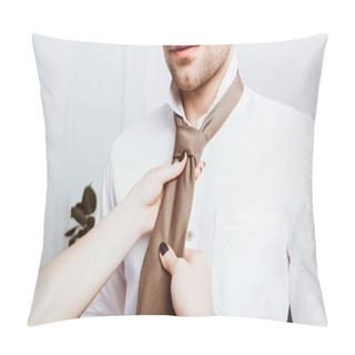 Personality  Cropped Image Of Woman Tying Neck Tie To Boyfriend In White Shirt At Home Pillow Covers