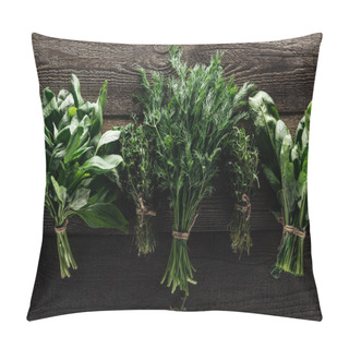 Personality  Top View Of Green Thyme, Spinach, Basil And Dill On Wooden Weathered Table Pillow Covers