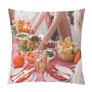Personality  Cropped View Of Mother Putting On Table Plate With Turkey In Thanksgiving Day    Pillow Covers