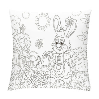 Personality  Little Cute Bunny Watering Beautiful Flowers On Its Lawn In Front Of A Small Thatched House On A Sunny Easter Day, Black And White Vector Illustration In A Cartoon Style For A Coloring Book Pillow Covers