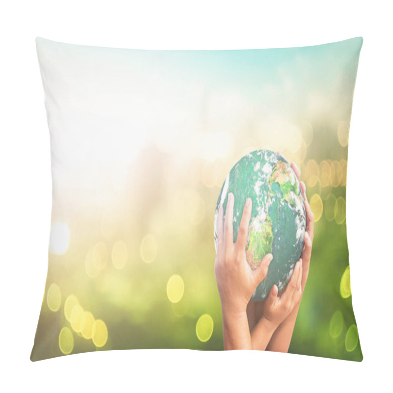 Personality  World Environment Day Concept: Human Hands Holding Earth Global Over Blurred Green City Background. Elements Of This Image Furnished By NASA Pillow Covers