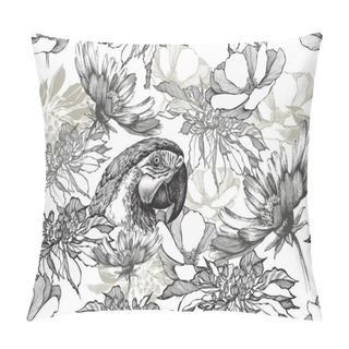 Personality  Floral Seamless Vintage Background With Parrot And Flowers. Black White, Hand Drawn, Vector Illustration Pillow Covers