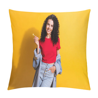 Personality  Photo Of Lady Hold Lollipop Hand Pocket Toothy Smile Wear Red T-shirt Striped Jeans Jacket Isolated Yellow Color Background Pillow Covers
