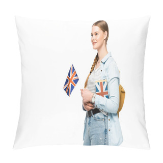Personality  Smiling Pretty Student With Backpack Holding Book And British Flag Isolated On White Pillow Covers