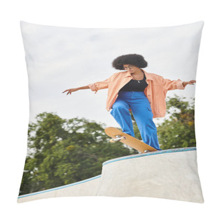 Personality  An African American Woman With Curly Hair Confidently Rides A Skateboard Up The Side Of A Ramp At An Outdoor Skate Park. Pillow Covers