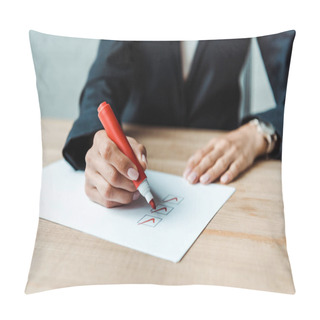 Personality  Cropped View Of Businesswoman Putting Check Park In Check List  Pillow Covers