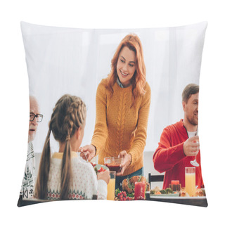 Personality  Redhead Woman Serving Sauce On Plate Near Family At Festive Table Pillow Covers