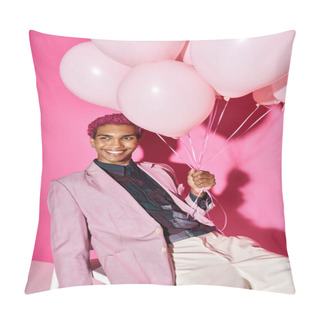Personality  Good Looking Man With Curly Pink Hair Posing On White Chair With Balloons In Hand, Doll Like Pillow Covers