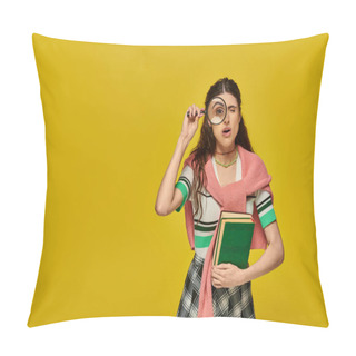 Personality  Curious Student Holding Books And Magnifier, Zoom, Discovery, Young Woman In College Outfit, Yellow Pillow Covers