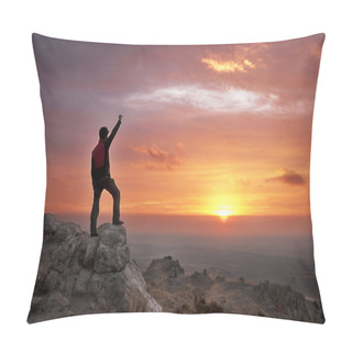 Personality  Man On Top Of A Mountain Victorious Admiring The Sunrise - 2 Pillow Covers