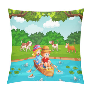 Personality  Children Row The Boat In The Stream Park Scene Illustration Pillow Covers