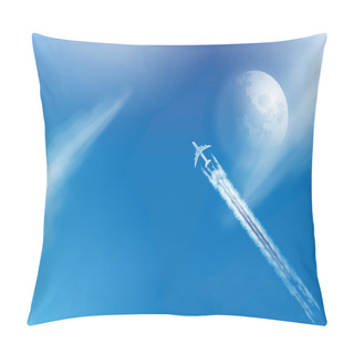 Personality  Vector Airplane In The Clouds With The Moon And Condensation Tra Pillow Covers