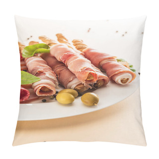 Personality  Delicious Meat Platter Served With Olives And Breadsticks On Plate On Beige Background Pillow Covers