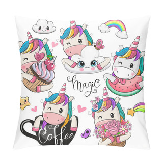 Personality  Set Of Cute Cartoon Unicorns Isolated On A White Background Pillow Covers
