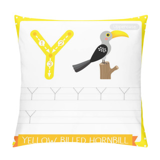 Personality  Letter Y Uppercase Cute Children Colorful Zoo And Animals ABC Alphabet Tracing Practice Worksheet Of Yellow-Billed Hornbill Bird For Kids Learning English Vocabulary And Handwriting Vector Illustration. Pillow Covers