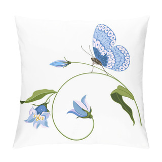 Personality  Hand Drawn Blue Bell Flower And Butterfly , Composition For Design On White Background. Pillow Covers
