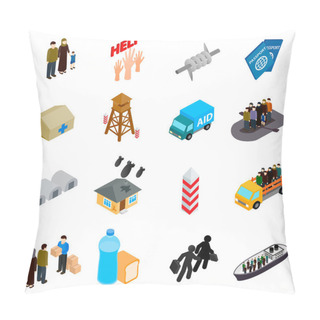 Personality  Refugees Icons Set, Isometric 3d Style Pillow Covers
