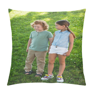 Personality  Full Length View Of Brother And Sister In Summer Clothes Standing On Green Lawn Pillow Covers