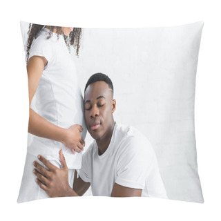 Personality  Man With Closing Eyes, Listening Tummy Of Pregnant Girlfriend Pillow Covers