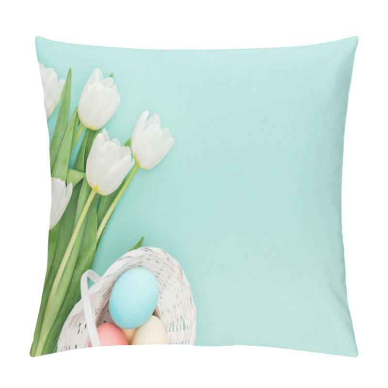 Personality  top view of tulip flowers and easter eggs in wicker basket isolated on blue with copy space pillow covers