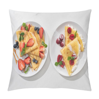 Personality  Top View Of Tasty Crepes With Berries On Plates On Grey Background Pillow Covers