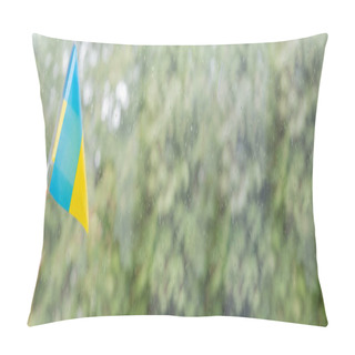 Personality  Partial View Of Child With Small Ukrainian Flag Near Wet Window Glass With Copy Space, Banner Pillow Covers