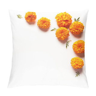 Personality  Marigold Yellow Flowers Isolated On White Background, Creative Flat Lay, Copy Space. Chinese Mid Autumn Festival Concept With Marigolds. Pillow Covers