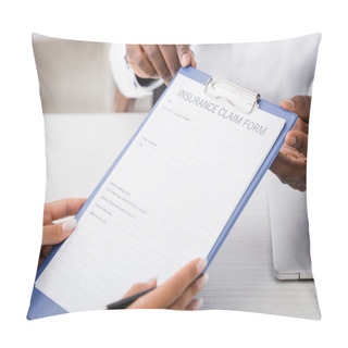 Personality  Cropped View Of African American Doctor And Patient Holding Clipboard With Insurance Claim Form Pillow Covers