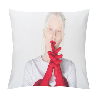 Personality  Albino Model With Red Hair Sticks And Gloves Looking At Camera Isolated On White Pillow Covers