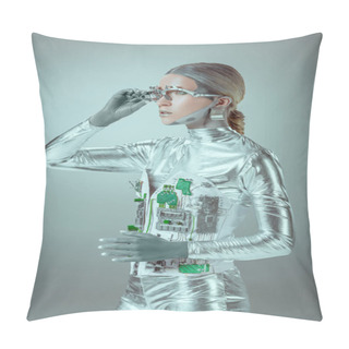 Personality  Futuristic Silver Cyborg Adjusting Eye Prosthesis And Looking Away Isolated On Grey, Future Technology Concept  Pillow Covers