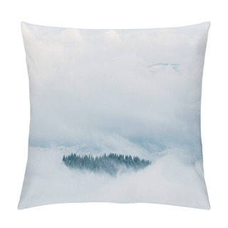 Personality  Scenic View Of Snowy Mountains With Pine Trees In White Fluffy Clouds Pillow Covers