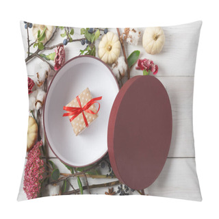 Personality  Autumn Dried Flowers Composition With Present Box On White Wood Pillow Covers