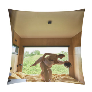 Personality  Carefree Interracial Couple Dancing Together On Bed In Country House, Window With Forest View Pillow Covers